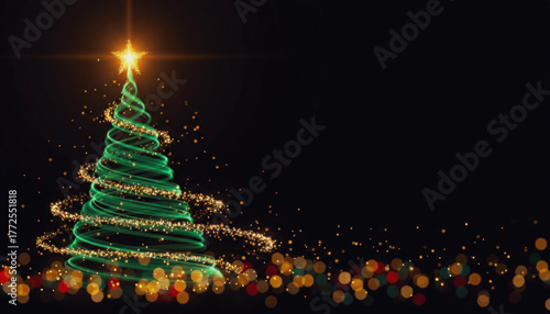 Elegant Golden Light trail Christmas Tree on black