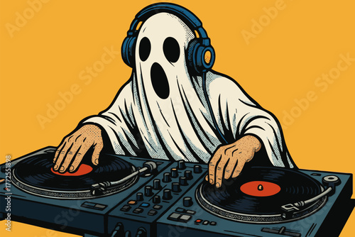 ghost wearing headphones and DJing on turntables, blending Halloween humor with music culture. Generative ai vector colorful pop art illustration.