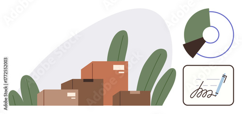 Shipment boxes stacked with greenery, pie chart illustrating data, and signed document symbolizing tracking, efficiency, and delivery. Ideal for logistics, e-commerce, paperwork, supply chain