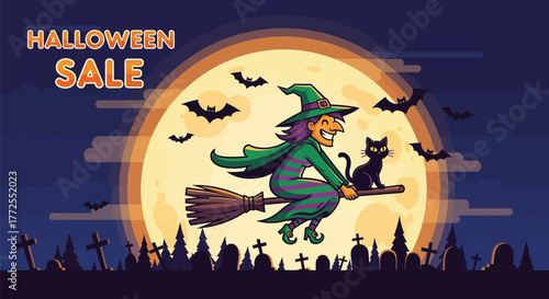 A whimsical Halloween sale advertisement featuring a witch flying on a broom in front of a full moon.