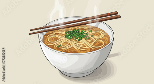 Illustration of a bowl of noodle soup with chopsticks and green garnish.