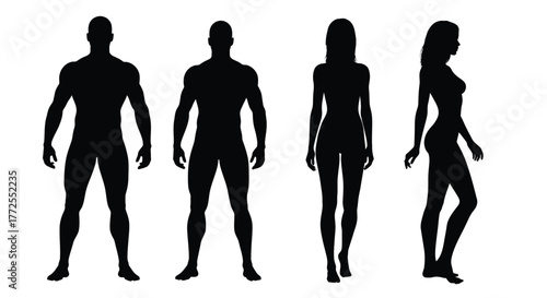 Silhouettes of male and female figures, showcasing front and side profiles against a white background.