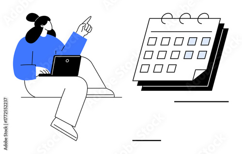 Individual seated with a laptop pointing at a nearby calendar, symbolizing planning, scheduling, and productivity. Ideal for time management, organization, business, education, technology workflow