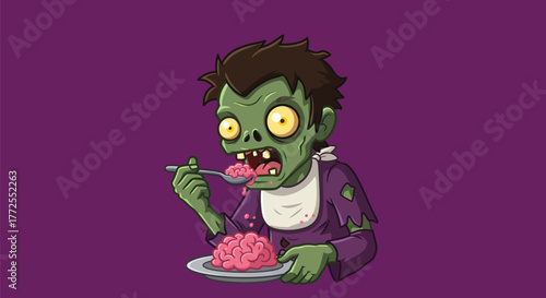 Cartoon zombie character with a bib eating a pink brain from a plate with a spoon on a solid purple background.