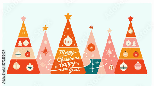 Whimsical mid century modern christmas trees with festive ornaments and a cozy mug of hot chocolate