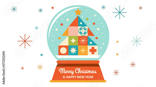 Whimsical mid century modern style snow globe featuring a colorful geometric christmas tree and falling snowflakes
