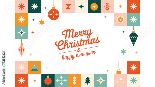 Retro mid century modern christmas greeting card with ornaments and festive patterns border