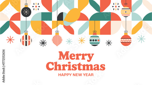 Retro mid century modern christmas decorations and festive geometric pattern with merry christmas greeting