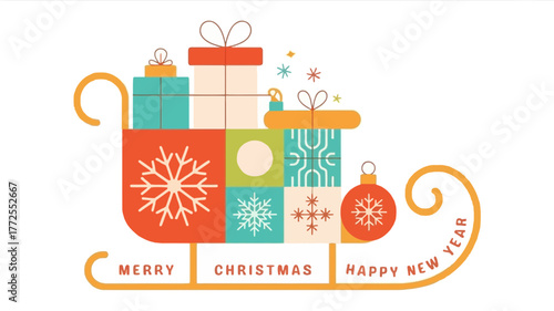 Whimsical christmas sleigh filled with colorful gifts and ornaments festive holiday design