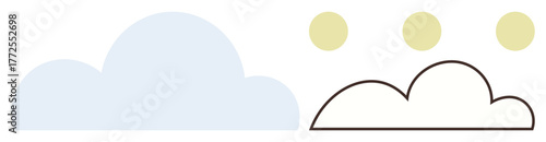 Large blue cloud with neighboring outlined cloud and three yellow circles representing the sun. Ideal for weather, climate, environment, atmosphere, data, balance, and sustainability in a simple flat