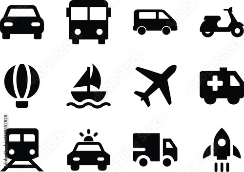 Bold transportation set icon silhouette vector. Simple travel and vehicle design collection.