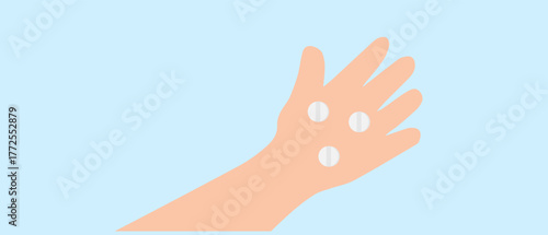 a hand with three pills on a blue background, illustration,