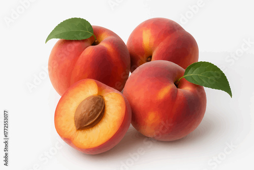 ripe peaches with green leaves, including one halved to show the pit. Generative ai vector colorful isolated illustration on white background.