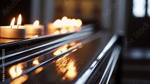 Soft candlelight flickers on polished wood surface in a tranquil indoor setting during evening hours