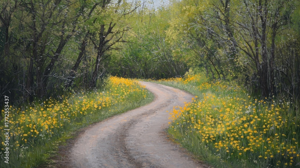 Fototapeta premium Winding dirt road through a lush, flowering landscape.