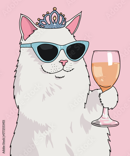 Vector Illustration of a Cute White Cat Princess With a Tiara Crown and Sunglasses Holding a Wine Glass Isolated Against Pink Background