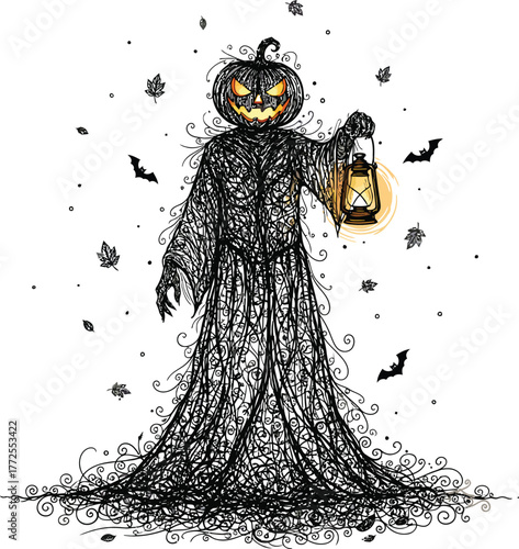 Spooky Halloween Pumpkin Figure in Flowing Robes Holding a Lantern scary ghost