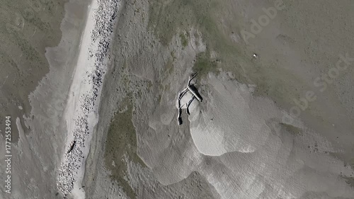 Top down video of a dead branch on a lifeless beach. 