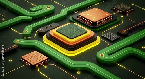 Abstract Futuristic Circuit Board with Glowing Green Lines and Processors.