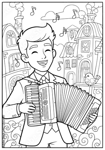 A young man is playing the accordion. coloring book