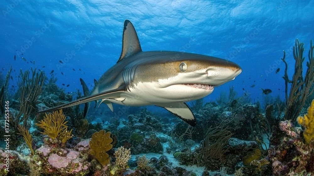 Naklejka premium Caribbean reef shark swimming over vibrant coral reef.