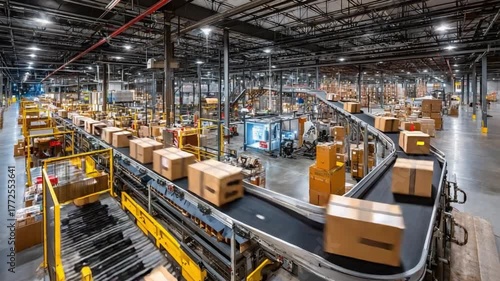 Warehouse Conveyor Belt: A dynamic view inside a bustling warehouse, showcasing a network of conveyor belts transporting packaged goods, illustrating the efficient flow of logistics and distribution