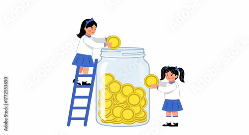 Two schoolgirls putting coins into a large jar on a ladder with a white background and blue accents