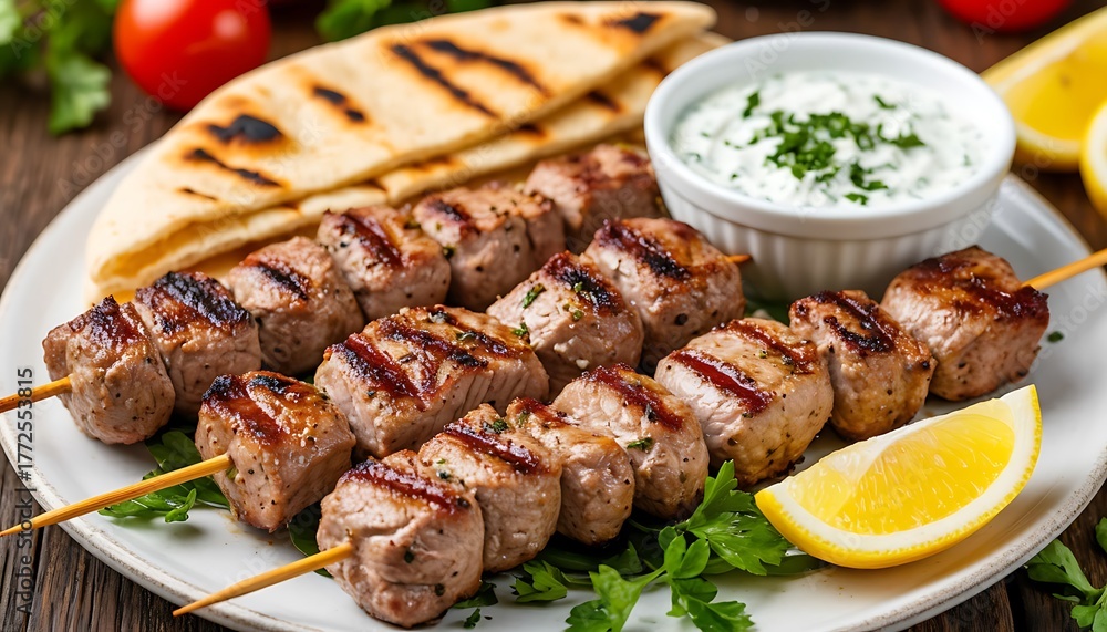 Fototapeta Succulent grilled meat skewers served on a plate with warm pita bread, creamy tzatziki sauce, and fresh lemon