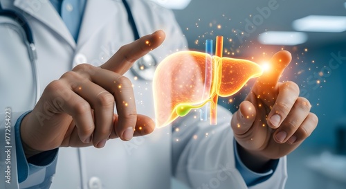 Doctor holding liver hologram, concept of liver health and transplantation