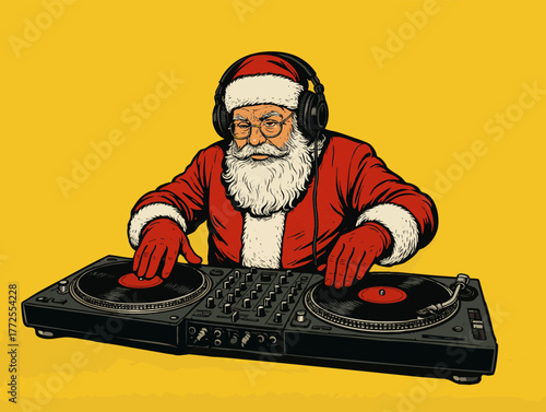 Santa Claus as a DJ, wearing headphones and spinning vinyl records on a turntable against a yellow background. Generative ai vector colorful pop art illustration.