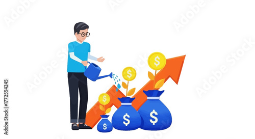 A man watering growing money bags with an upward arrow on a white background.