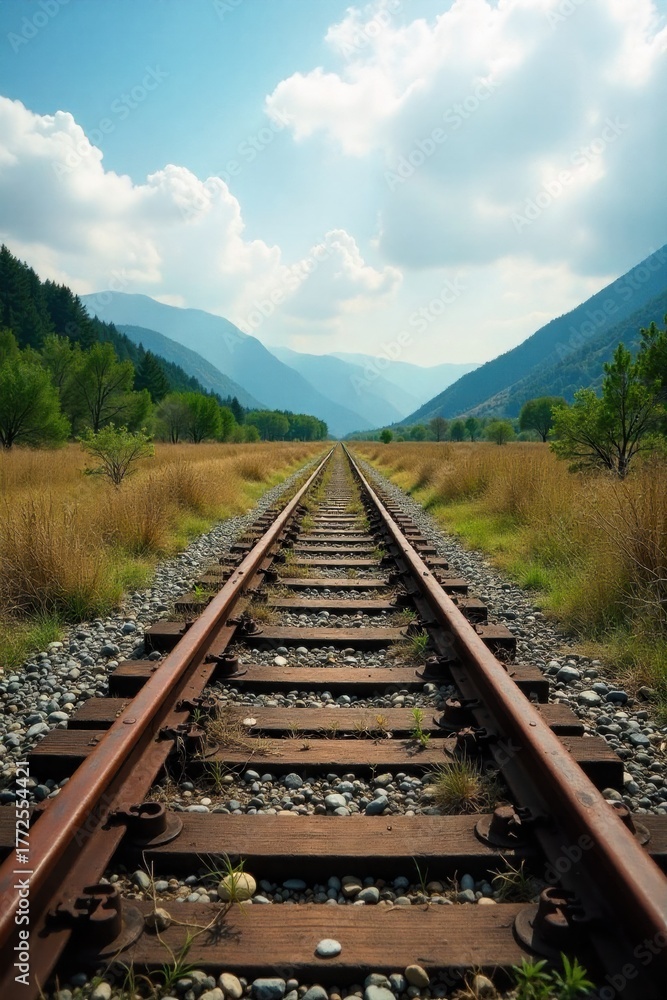 Fototapeta premium Wide Angle View of an Abandoned Mining Railway Track Leading into a Remote, Overgrown Landscape. A wide angle shot of an old, rusted mining railway track, heavily overgrown with wild vegetation. The