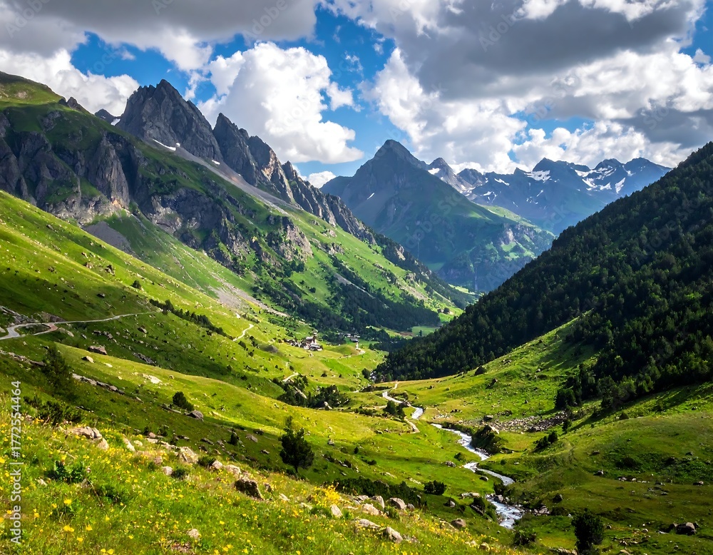 Naklejka premium Scenic valley, lush green landscape with mountains and cloudy sky
