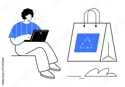 Individual seated with laptop beside a reusable shopping bag featuring a recycle icon. Ideal for sustainability, eco-conscious living, digital productivity, online shopping, education, modern