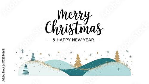 Whimsical illustration of rolling snow covered hills and pine trees with a merry christmas and happy new year greeting