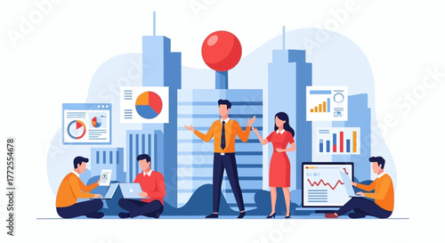 Flat illustration of a diverse team collaborating with graphs and charts in a cityscape background with a professional and innovative mood.