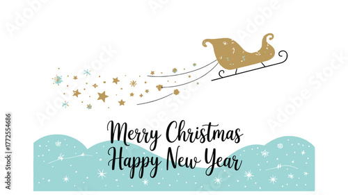 Whimsical golden santa sleigh with sparkling stars trailing across a white background above a snowy blue landscape and festive holiday greeting