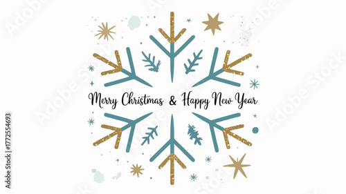 Whimsical snowflake illustration with merry christmas and happy new year text in a festive winter greeting card design