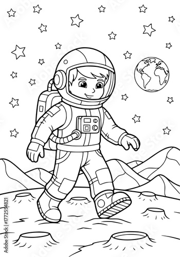 A kid astronaut walks on the moon. coloring book