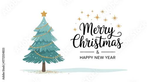 Whimsical watercolor christmas tree with festive merry christmas and happy new year greeting and sparkling lights