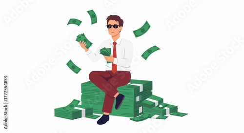 Illustration of a wealthy businessman sitting on a large stack of money bills with a joyful expression.