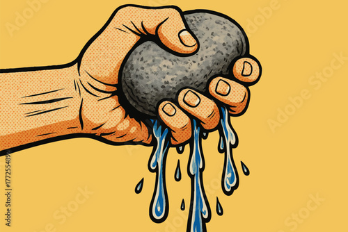 hand forcefully squeezing water from a stone, symbolizing effort, pressure, or impossibility on yellow background. Generative ai vector colorful pop art illustration.