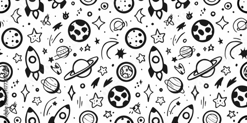 Whimsical hand drawn doodle seamless pattern of rockets planets stars and moons in black and white