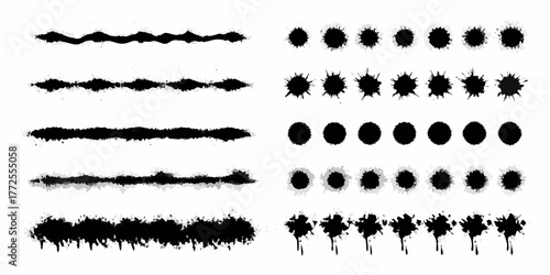 Collection of black ink splatter shapes and brush stroke elements on a white background