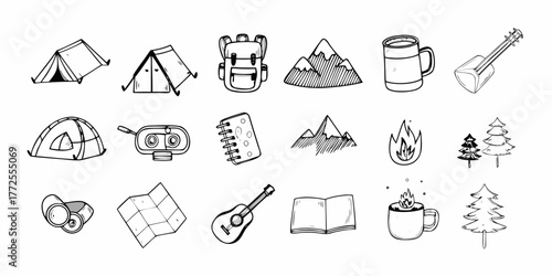 Collection of hand drawn camping and outdoor adventure icons and elements for travel and recreation