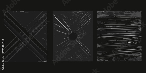 Three abstract dark textured panels with linear and radial patterns and a central dark circle