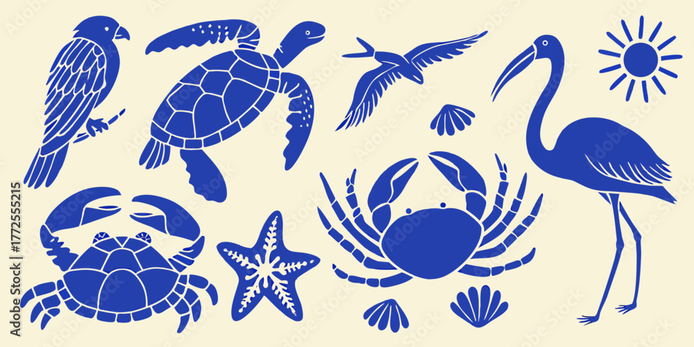 Naklejka premium Collection of blue marine life and birds silhouettes on a cream background