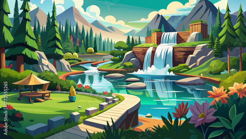 Very beautiful landscaped waterfall and pond in McEuen Park near the lakeside resort in Coeur d'Alene, Idaho, USA, surrounded by lush greenery, walking paths, and serene outdoor scenery.