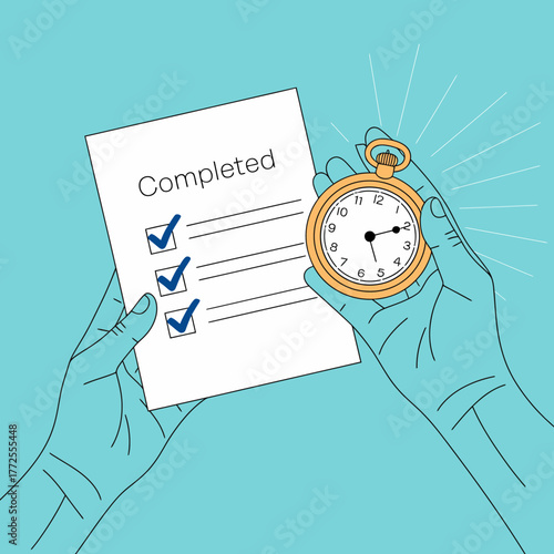 An illustration of hands holding a completed checklist alongside a stopwatch, representing time management and the satisfaction of completing tasks efficiently.