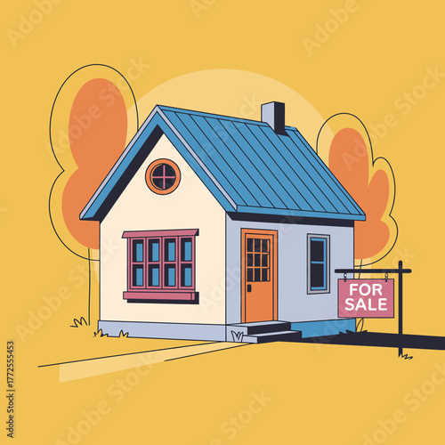 This image features a charming house with a vibrant for sale sign in front of lush trees, offering a welcoming feel and perfect opportunity for home seekers and joy seekers.